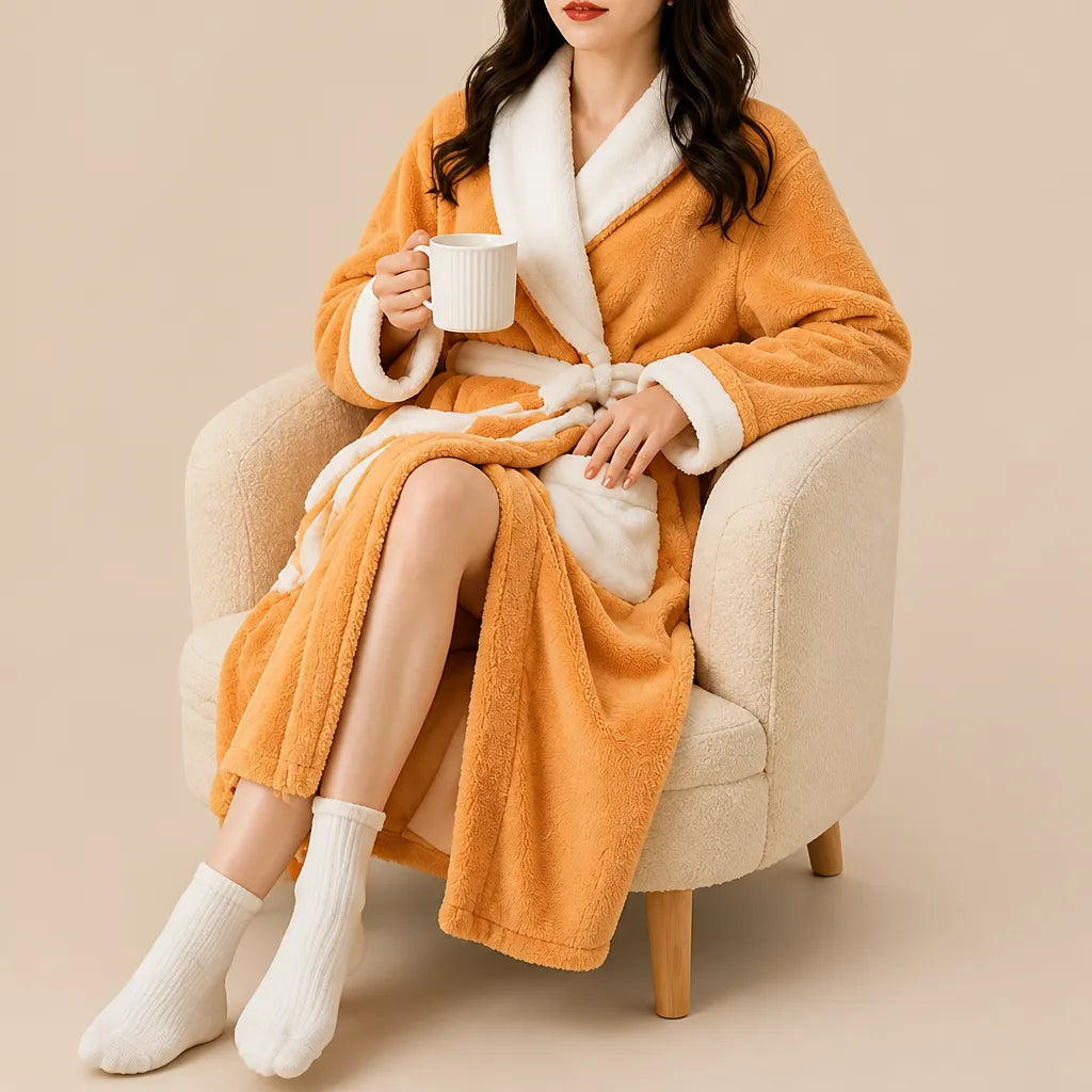 La boutique du peignoir Peignoir Femme Polaire - Texturé à Col Blanc, Orange Uni