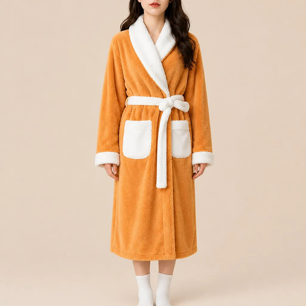 La boutique du peignoir Peignoir Femme Polaire - Texturé à Col Blanc, Orange Uni