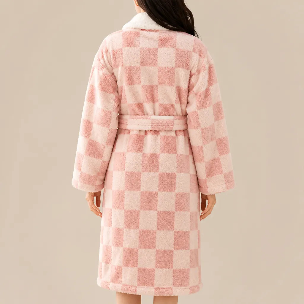 La boutique du peignoir Peignoir Femme Polaire - Texturé à Col Blanc, Rose Corail Damier