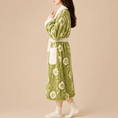 La boutique du peignoir Peignoir Femme Polaire - Texturé à Col Blanc, Vert Sauge Fleuri