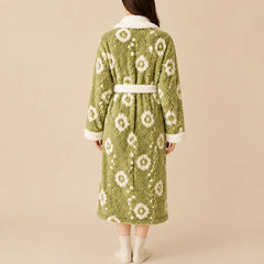 La boutique du peignoir Peignoir Femme Polaire - Texturé à Col Blanc, Vert Sauge Fleuri