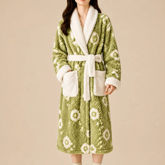 La boutique du peignoir Peignoir Femme Polaire - Texturé à Col Blanc, Vert Sauge Fleuri