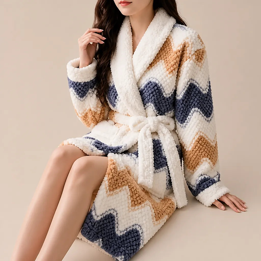 La boutique du peignoir Peignoir Femme Polaire - Texturé à Col Blanc, Zigzag Bleu et Ocre