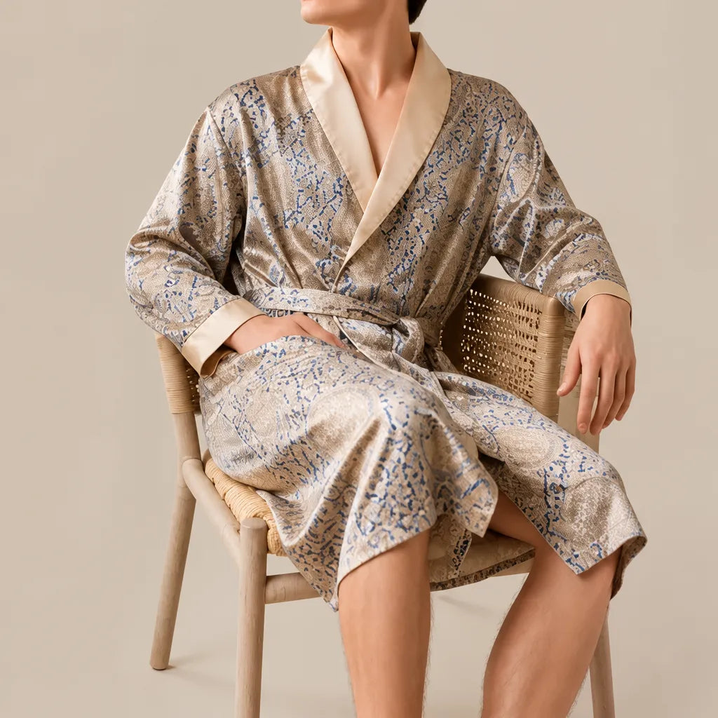La boutique du peignoir Peignoir Homme Luxe - Kimono en Satin, Beige Doré à Motifs