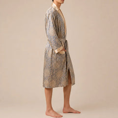 La boutique du peignoir Peignoir Homme Luxe - Kimono en Satin, Beige Doré à Motifs