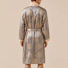 La boutique du peignoir Peignoir Homme Luxe - Kimono en Satin, Beige Doré à Motifs
