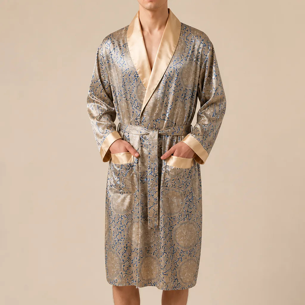 La boutique du peignoir Peignoir Homme Luxe - Kimono en Satin, Beige Doré à Motifs