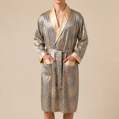 La boutique du peignoir Peignoir Homme Luxe - Kimono en Satin, Beige Doré à Motifs
