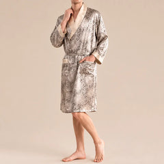 La boutique du peignoir Peignoir Homme Luxe - Kimono en Satin, Beige Doré à Ramages