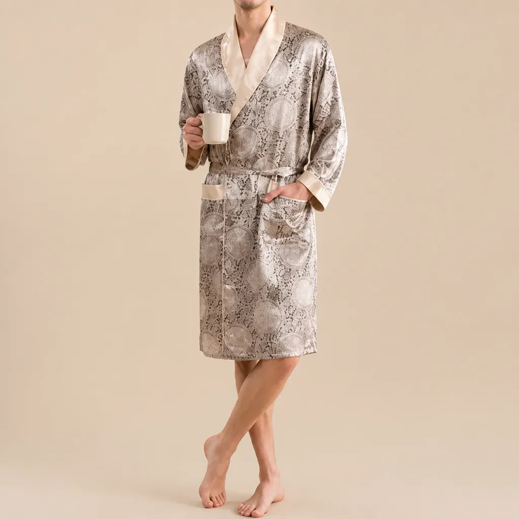 La boutique du peignoir Peignoir Homme Luxe - Kimono en Satin, Beige Doré à Ramages