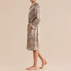 La boutique du peignoir Peignoir Homme Luxe - Kimono en Satin, Beige Doré à Ramages