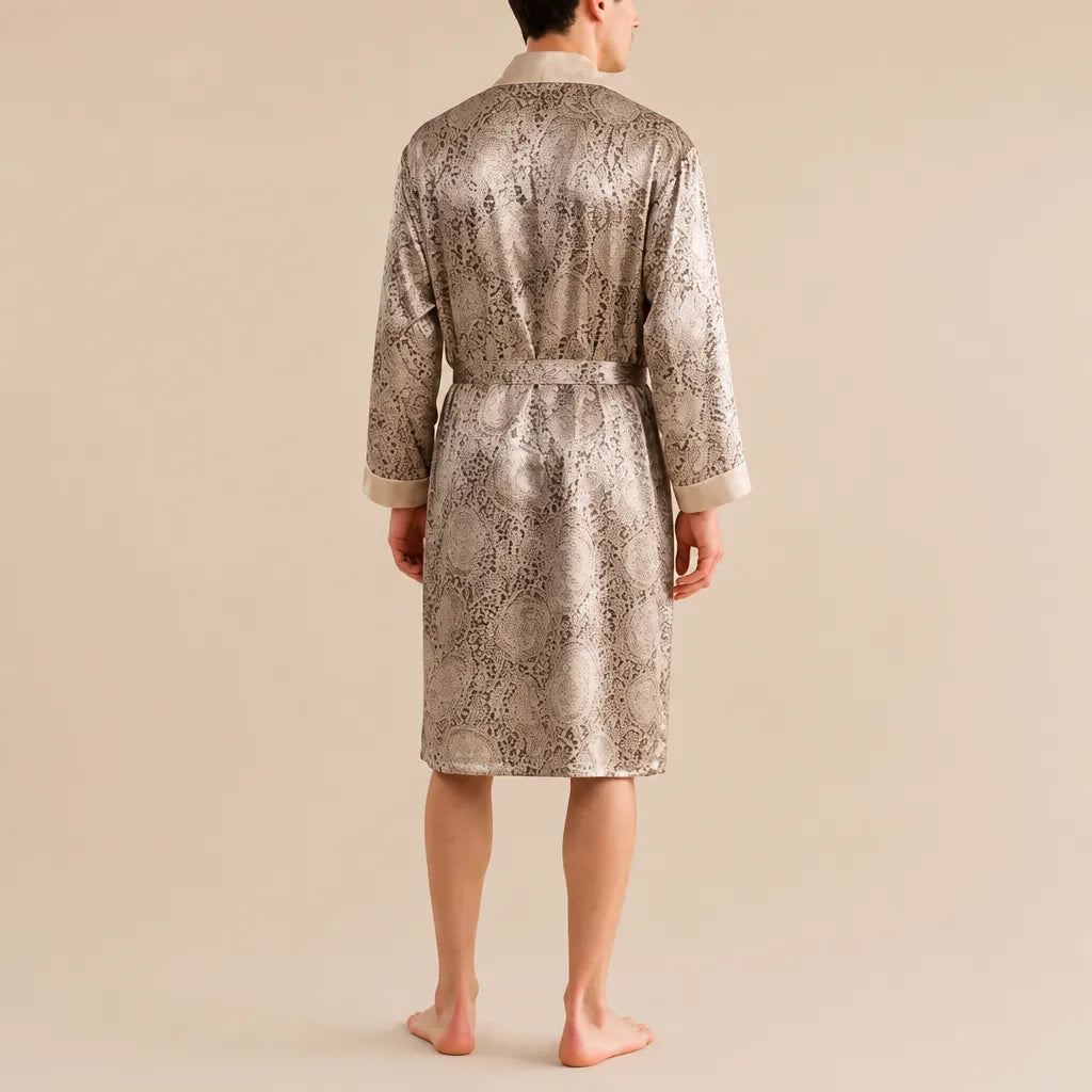 La boutique du peignoir Peignoir Homme Luxe - Kimono en Satin, Beige Doré à Ramages