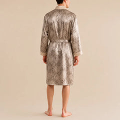 La boutique du peignoir Peignoir Homme Luxe - Kimono en Satin, Beige Doré à Ramages