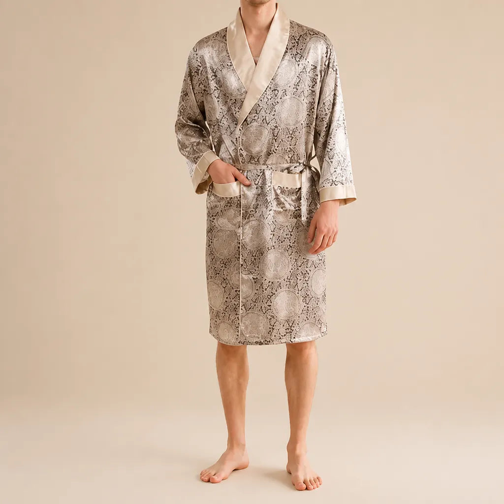 La boutique du peignoir Peignoir Homme Luxe - Kimono en Satin, Beige Doré à Ramages