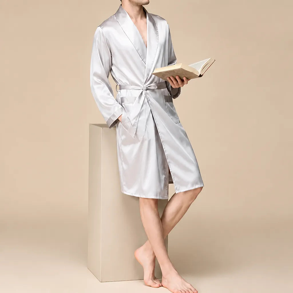 La boutique du peignoir Peignoir Homme Luxe - Kimono en Satin, Blanc Argenté