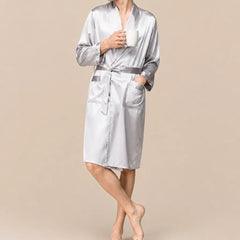 La boutique du peignoir Peignoir Homme Luxe - Kimono en Satin, Blanc Argenté