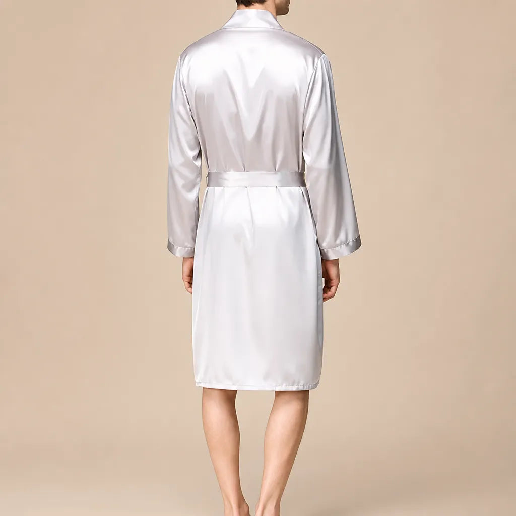 La boutique du peignoir Peignoir Homme Luxe - Kimono en Satin, Blanc Argenté