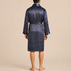 La boutique du peignoir Peignoir Homme Luxe - Kimono en Satin, Bleu Marine à Motifs