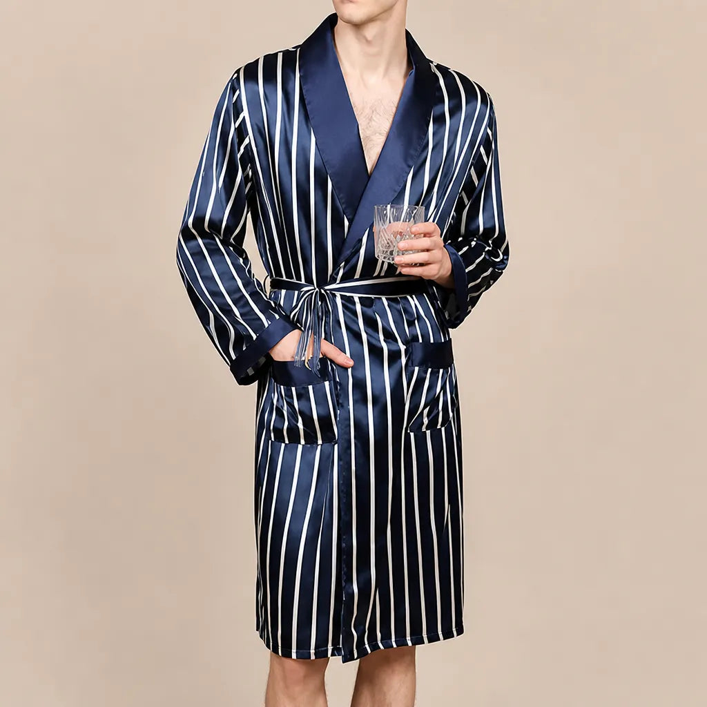 La boutique du peignoir Peignoir Homme Luxe - Kimono en Satin, Bleu Marine Rayé