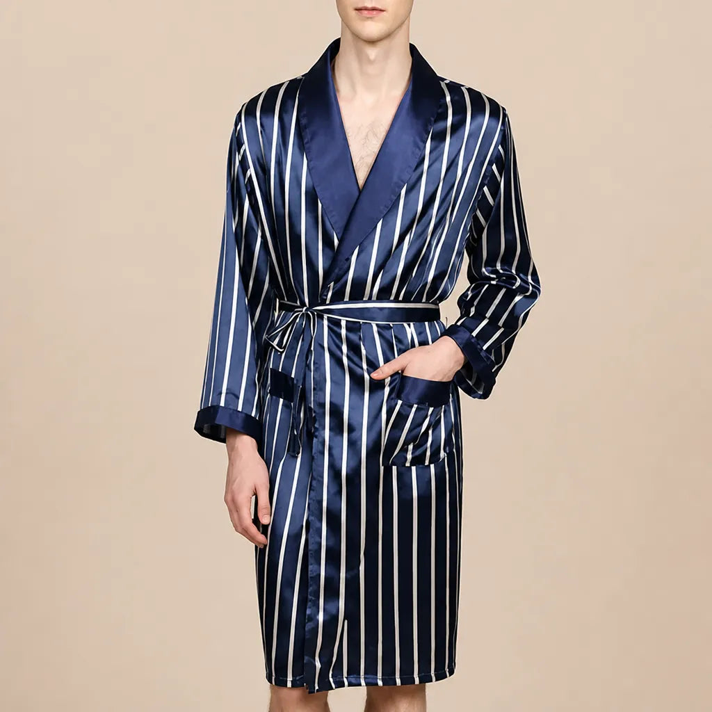 La boutique du peignoir Peignoir Homme Luxe - Kimono en Satin, Bleu Marine Rayé