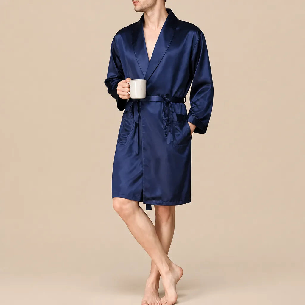 La boutique du peignoir Peignoir Homme Luxe - Kimono en Satin, Bleu Marine Uni