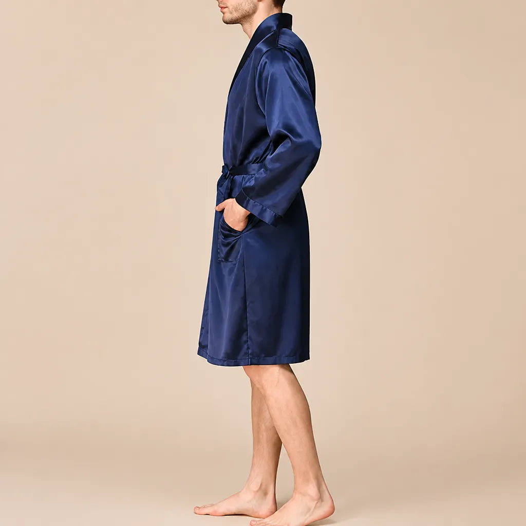 La boutique du peignoir Peignoir Homme Luxe - Kimono en Satin, Bleu Marine Uni