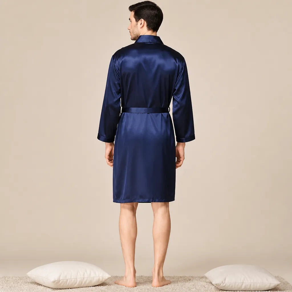 La boutique du peignoir Peignoir Homme Luxe - Kimono en Satin, Bleu Marine Uni
