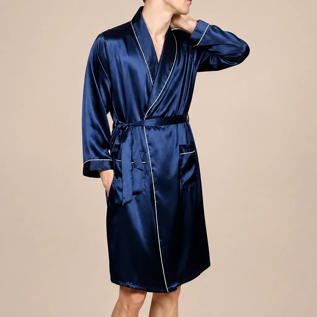 La boutique du peignoir Peignoir Homme Luxe - Kimono en Satin, Bleu Nuit à Liseré