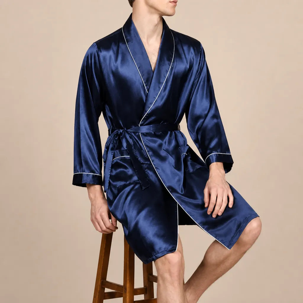 La boutique du peignoir Peignoir Homme Luxe - Kimono en Satin, Bleu Nuit à Liseré