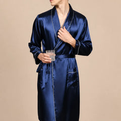 La boutique du peignoir Peignoir Homme Luxe - Kimono en Satin, Bleu Nuit à Liseré