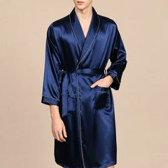 La boutique du peignoir Peignoir Homme Luxe - Kimono en Satin, Bleu Nuit à Liseré