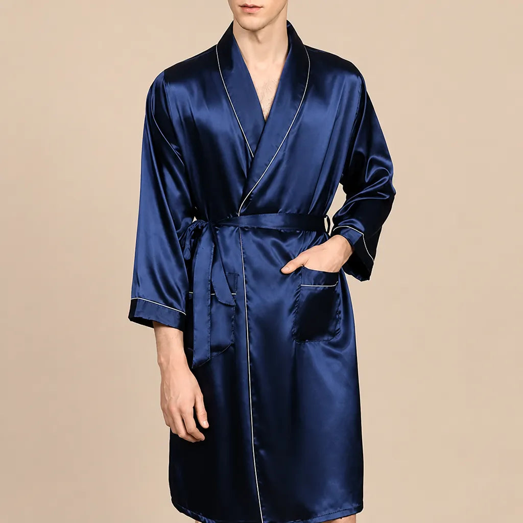 La boutique du peignoir Peignoir Homme Luxe - Kimono en Satin, Bleu Nuit à Liseré