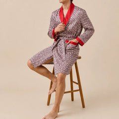 La boutique du peignoir Peignoir Homme Luxe - Kimono en Satin, Bordeaux à Motifs Col Rouge