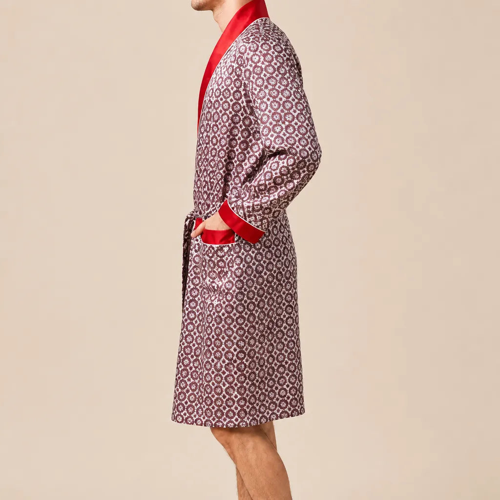 La boutique du peignoir Peignoir Homme Luxe - Kimono en Satin, Bordeaux à Motifs Col Rouge