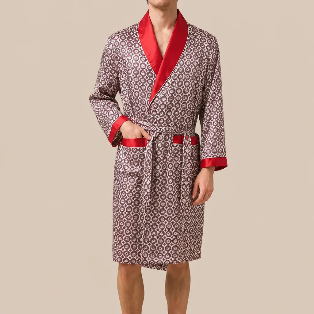 La boutique du peignoir Peignoir Homme Luxe - Kimono en Satin, Bordeaux à Motifs Col Rouge
