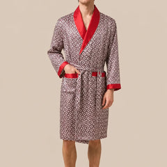 La boutique du peignoir Peignoir Homme Luxe - Kimono en Satin, Bordeaux à Motifs Col Rouge