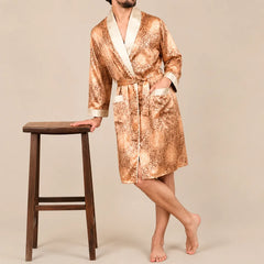 La boutique du peignoir Peignoir Homme Luxe - Kimono en Satin, Doré à Motifs