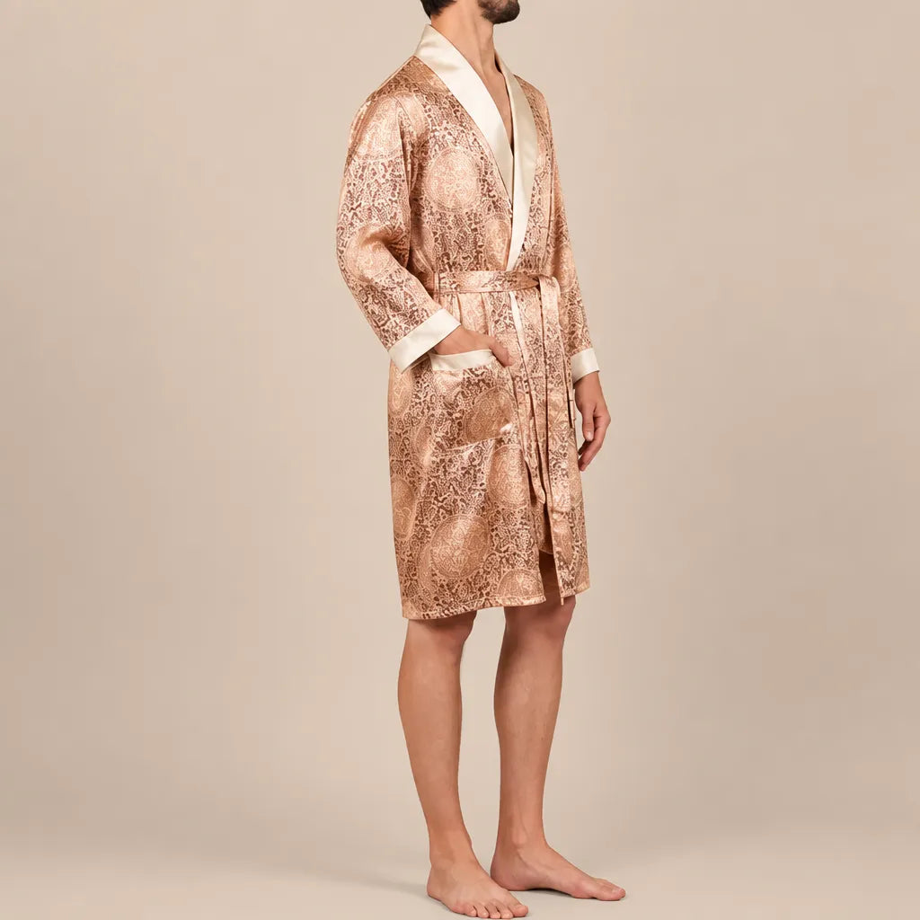 La boutique du peignoir Peignoir Homme Luxe - Kimono en Satin, Doré à Motifs