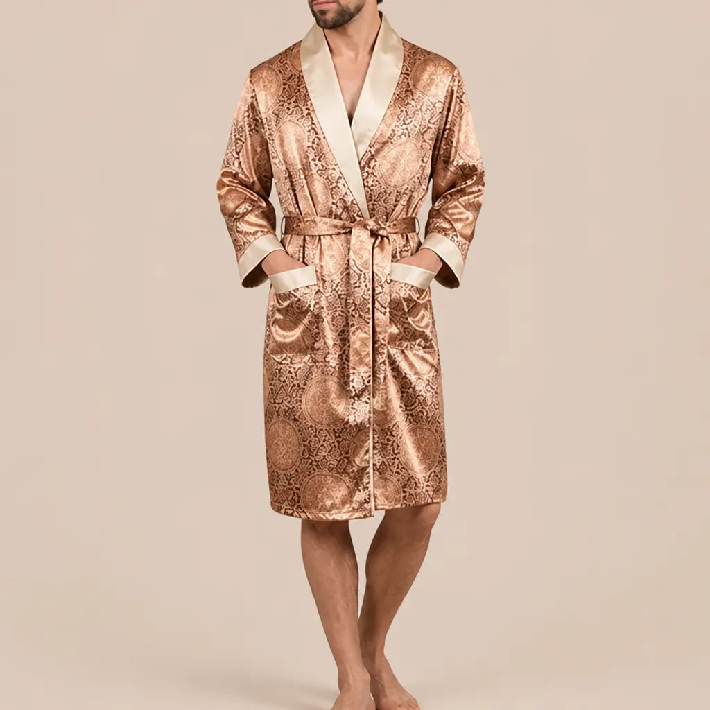 La boutique du peignoir Peignoir Homme Luxe - Kimono en Satin, Doré à Motifs