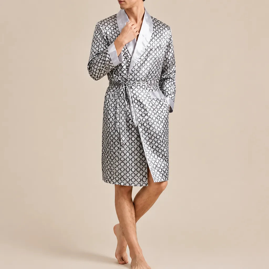 La boutique du peignoir Peignoir Homme Luxe - Kimono en Satin, Gris à Motifs Col Blanc