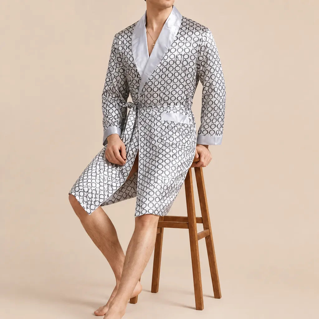 La boutique du peignoir Peignoir Homme Luxe - Kimono en Satin, Gris à Motifs Col Blanc