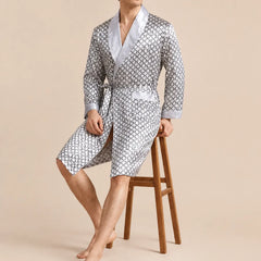 La boutique du peignoir Peignoir Homme Luxe - Kimono en Satin, Gris à Motifs Col Blanc