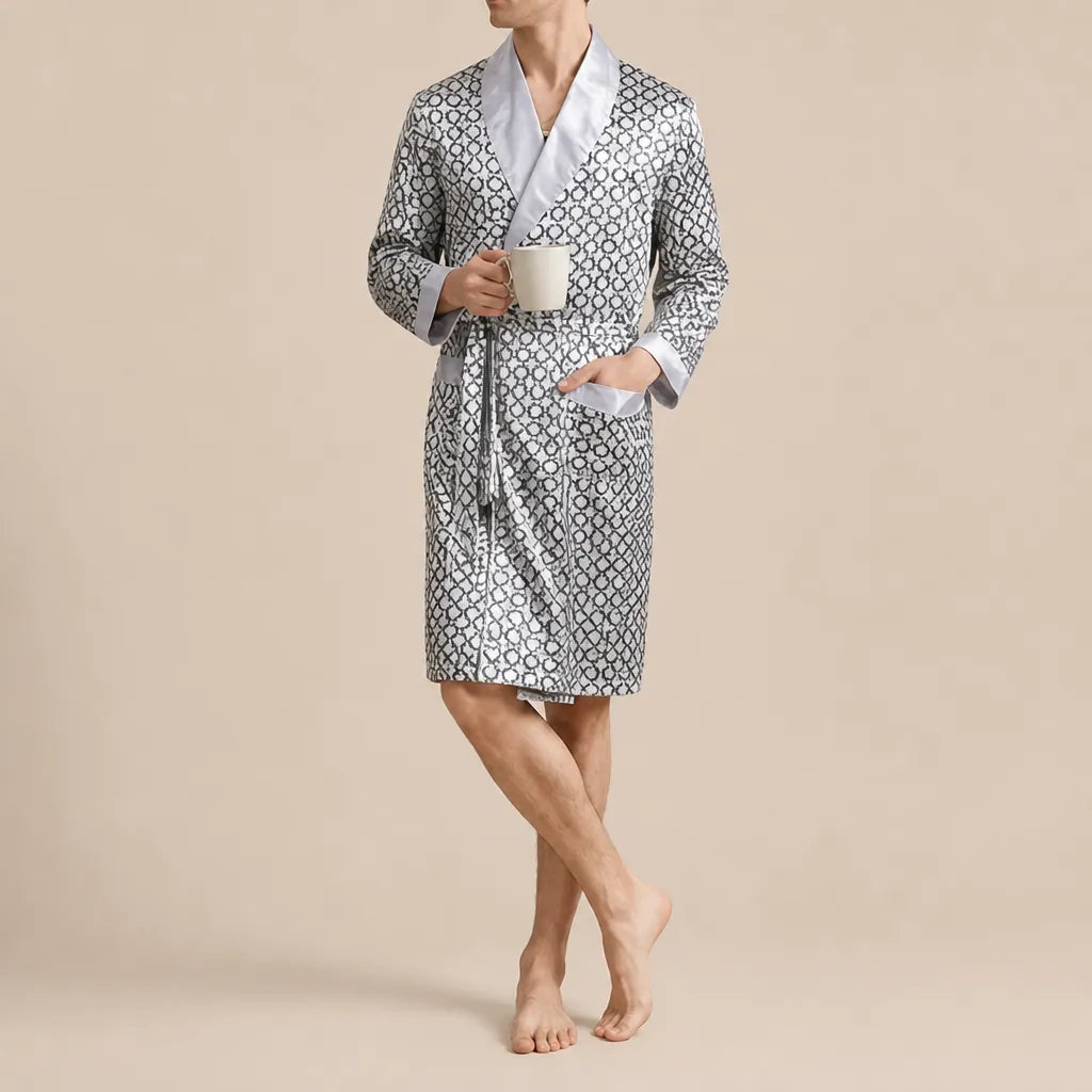 La boutique du peignoir Peignoir Homme Luxe - Kimono en Satin, Gris à Motifs Col Blanc