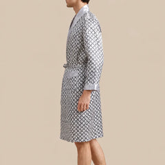 La boutique du peignoir Peignoir Homme Luxe - Kimono en Satin, Gris à Motifs Col Blanc
