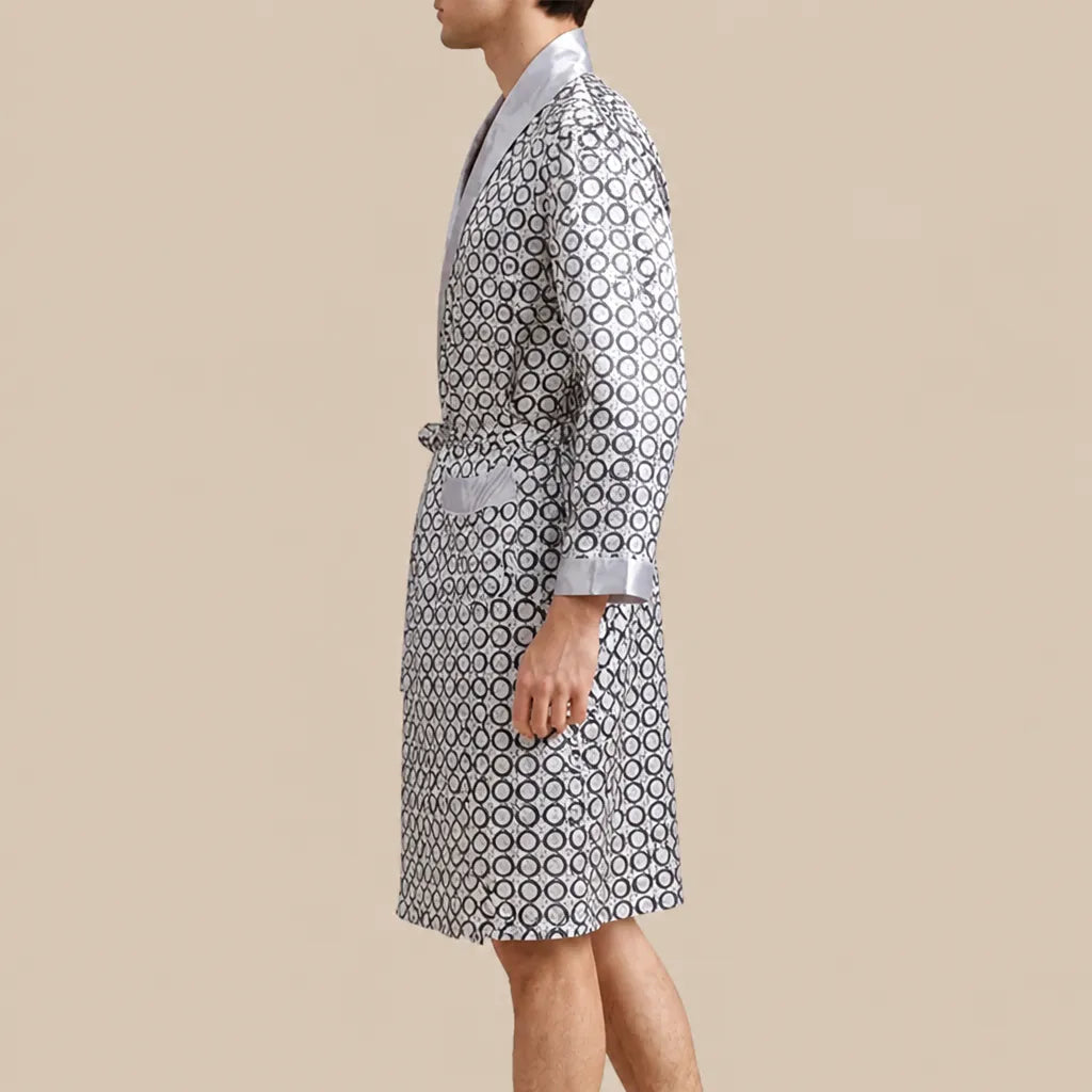 La boutique du peignoir Peignoir Homme Luxe - Kimono en Satin, Gris à Motifs Col Blanc
