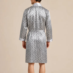 La boutique du peignoir Peignoir Homme Luxe - Kimono en Satin, Gris à Motifs Col Blanc