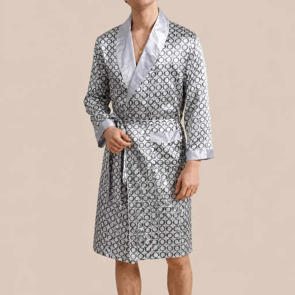 La boutique du peignoir Peignoir Homme Luxe - Kimono en Satin, Gris à Motifs Col Blanc