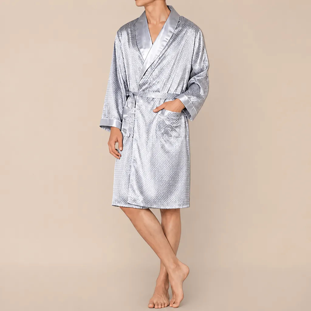 La boutique du peignoir Peignoir Homme Luxe - Kimono en Satin, Gris Perle à Pois