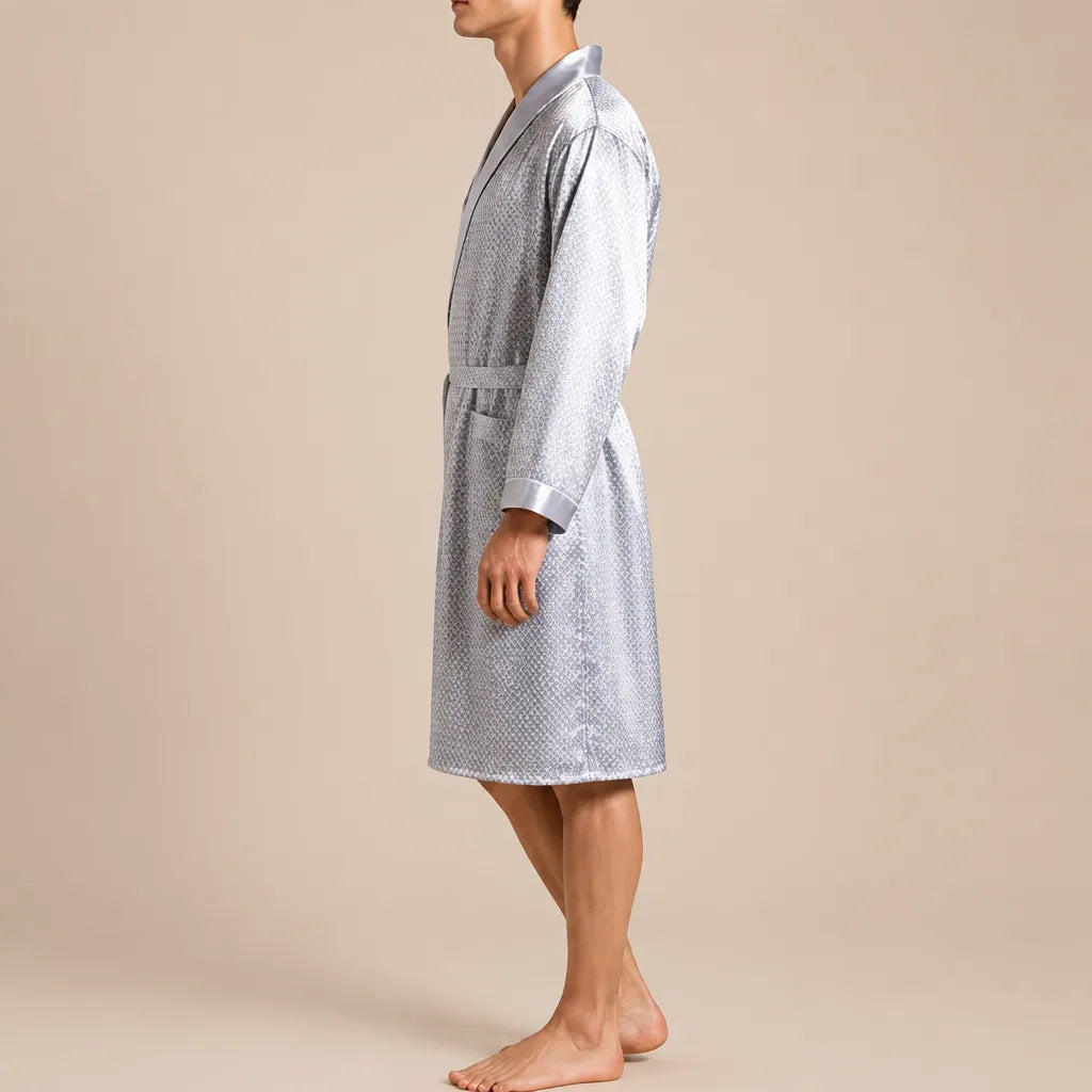 La boutique du peignoir Peignoir Homme Luxe - Kimono en Satin, Gris Perle à Pois