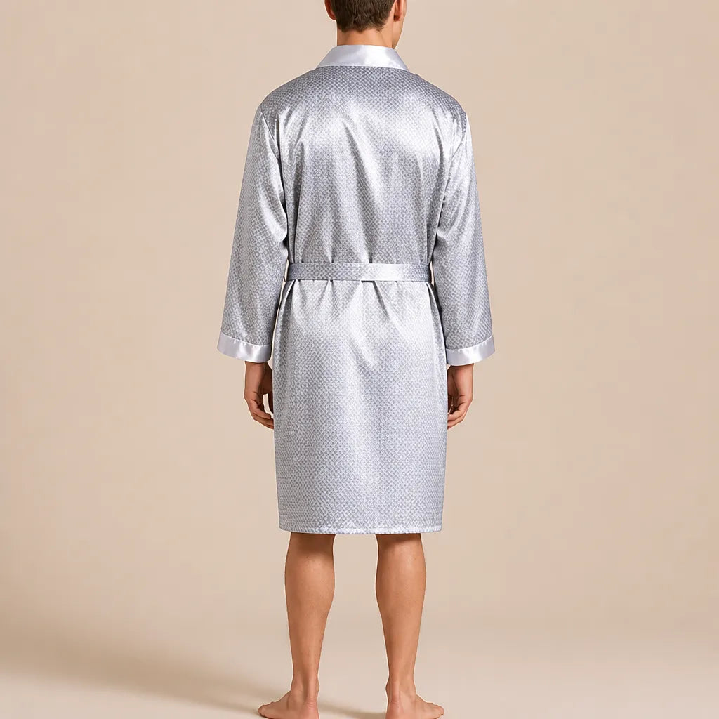 La boutique du peignoir Peignoir Homme Luxe - Kimono en Satin, Gris Perle à Pois